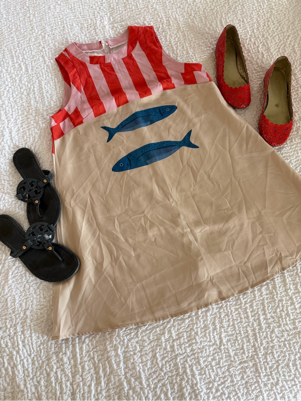 Red & Beige Stripe Mini Dress with Blue Sardine Motif